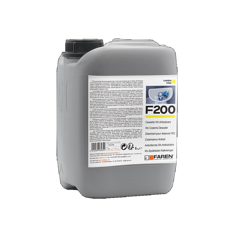 FAREN, Disincrostante Anticalcare F200, Elimina Incrostazioni di Calcare dalle cassette di scarico, Sicuro su Plastiche e Gomme, Efficiente ed Economico, 5lt (2, Latta 5lt)