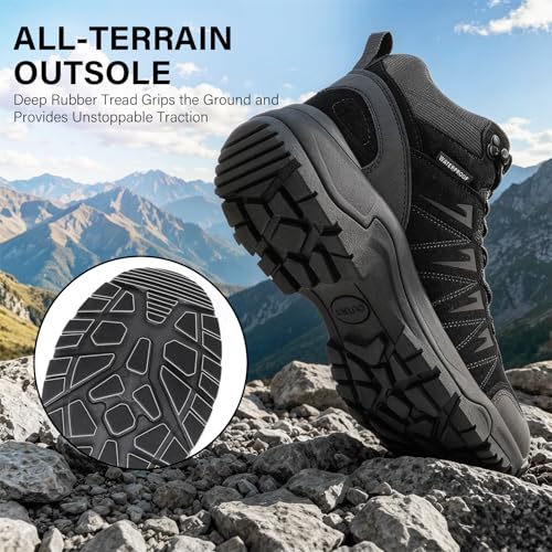 Image of Men's Waterproof Hiking Boots Lightweight Leather Mid Ankle Outdoor Trail Trekking shoes