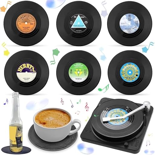 Liekadijiae 6 posavasos de silicona, posavasos retro de vinilo con soporte, en forma de discos de vinilo, para café, té, jarra de cerveza, vino, de cristal, casa y bar | Ya disponible en tu tienda friki favorita! En mundofriki.es!