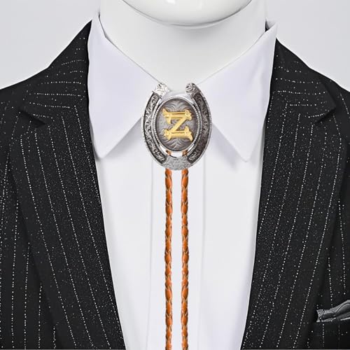 Image of Bolo tie for Men Western Cowboy Brown Leather Necktie Initial Letter ABCDJMR to Z Bolo ties for Women