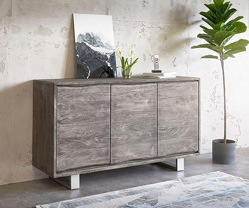 Image of Wooden Sideboard Cabinet for Living Room, Kitchen| 3 Door & 4 Shelf Storage Sideboard Sheesham Wood (Grey)