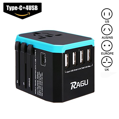 RAGU Universal Reiseadapter Weltweit, Reisestecker mit 4 USB Ports 1 Typ-C Internationale USB Reiseadapter Internationale Ladegerät AC Ladestecker Ladegerät für Weltweit 150 Ländern