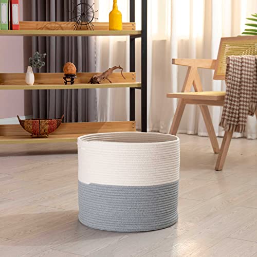 Organihaus Cotton Rope Basket For Nursery 16X14 | Storage Basket For Organizing | Large Blanket Basket For Living Room | Grey & White Large Woven Basket For Laundry | Round Basket For Baby Clothes #TOP3