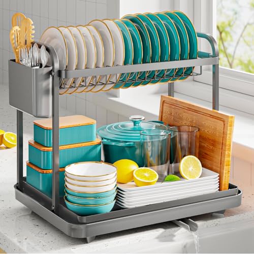 Kitsure Dish Drainer Rack - Space-Saving Dish Drainer, Dish Racks for Kitchen Counter, Stainless Steel Kitchen Drying Rack with a Cutlery Holder, 2-Tiers, Grey