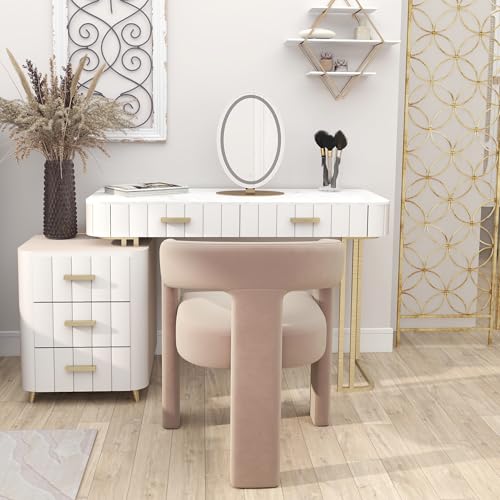 Image of HNY Modern Barrel Kitchen & Dining Room Chair, Velvet Upholstered Accent Chair with Arm, 18.5'' Wide Side Armchair Vanity Chair for Living Room Bedroom Makeup Small Spaces, Khaki