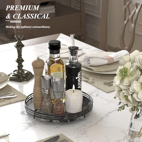 Image of Marble Lazy Susan Turntable for Table Top - 10 inch Round Ancient Wood Grain Marble Tray Organizer for Dining Table, Kitchen Countertop & Bar, Luxury Stone Serving Tray with Black Iron Frame