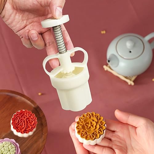 Miniatura 7 de Juego de 2 moldes de Mooncake con 11 grapas, FineGood DIY cortador de galletas 1.76oz 3.53oz Prensa de flores Mooncake molde presión mano Mooncake