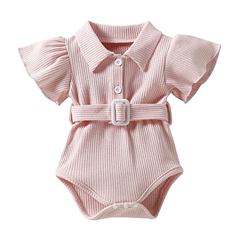Image of Baby Girl Summer Rompers Toddler Infant Solid Plaid Knit Turn-Down Collar Fly Sleeve Belt Button Jumspuits Clothes (Pink, 0-3 Months)