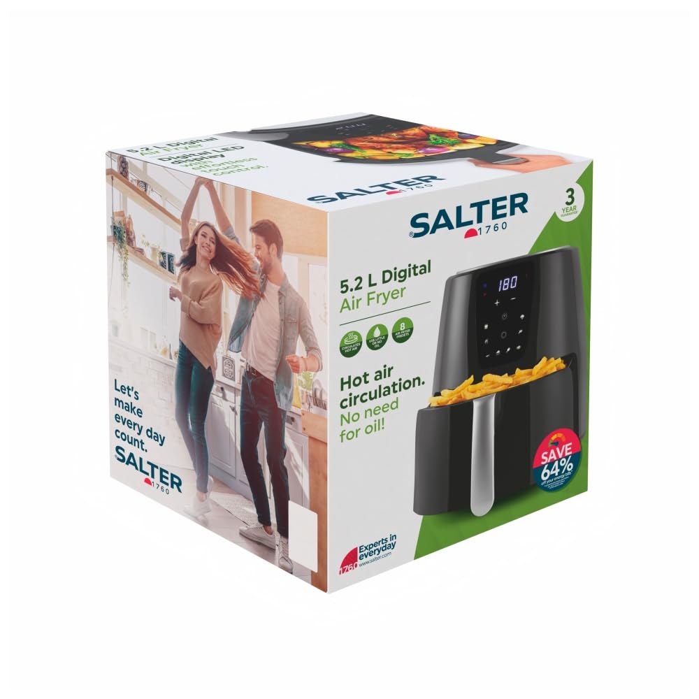 Salter 5.2L Digital Air Fryer, Non-Stick Rack, 8 Preset Functions, 30-Min Timer
