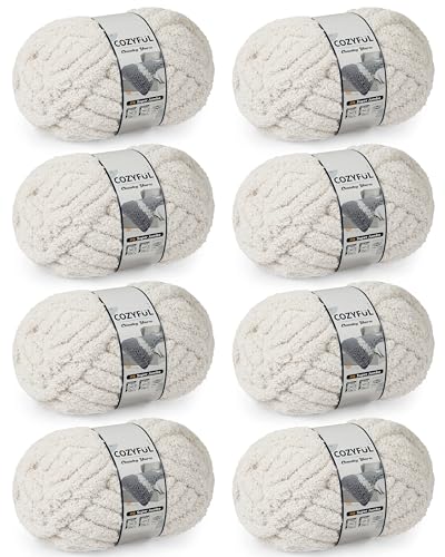 Image of Cozyful Chunky Yarn for Hand Knitting, #9 Thick Jumbo Big Chunky Yarn for Crocheting, Super Chunky Knit Blanket Yarns, Large Chunky Chenille Yarns, 8 Pack (30 yds 8 oz Each Skein), Beige White