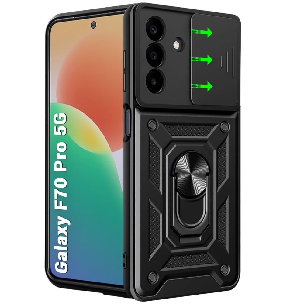 thegiftkart tough armor bumper back cover case for samsung galaxy f70 pro 5g | sliding camera cover, kickstand & ring holder | 360 degree protection back case for samsung f70 pro 5g (pc & tpu, black)