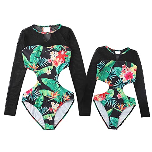 Mommy and Me Swimsuits Family Matching Swimwear Women Girls Long Sleeve UV Sun Protection Rash Guard Shirts Monokinis Cutout Leaves Print One Piece Swimsuit Bathing Suits Green Leaves 9-10 Years