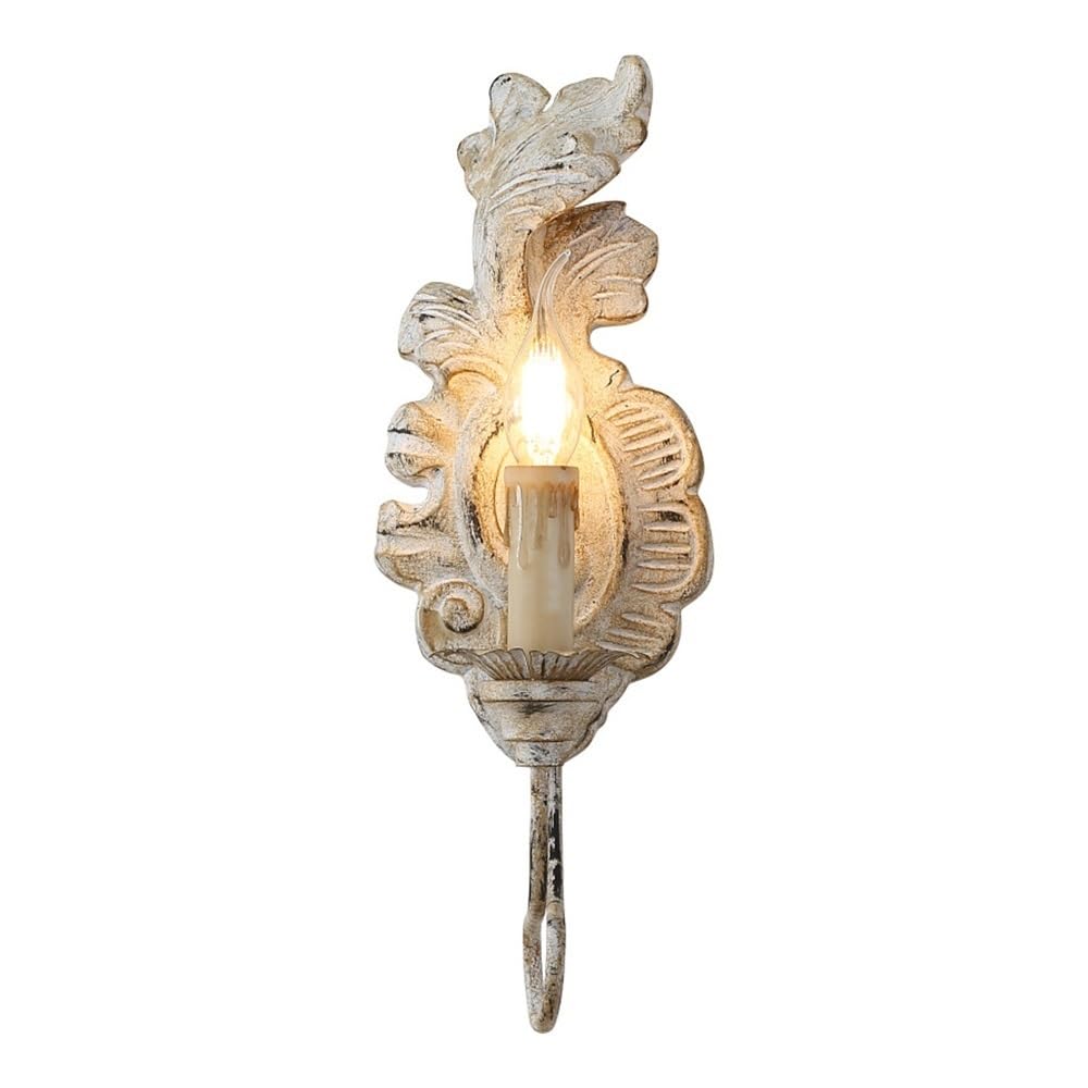 OZBMA Antique Wood Wall Sconce Farmhouse Candle Light Style Led Lamp for Bedroom Bedside Gallery Bathroom Vanity Lighting Fixture(D Arm) (White Arm)