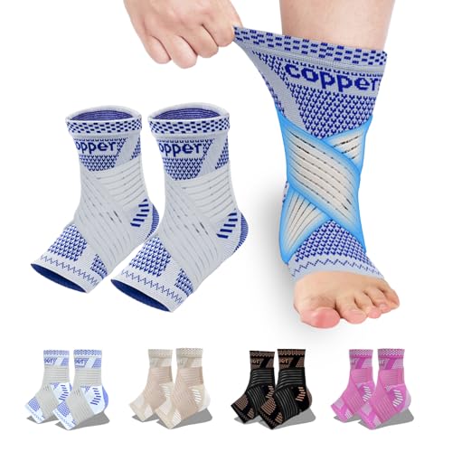 Image of LISEPWU Copper Ankle Brace with Adjustable Compression Bandage, Ankle Support Compression Sleeve for Men & Women, for Foot Pain, Sprained Recovery, Achilles Tendonitis, Sports Protection(Blue XL)