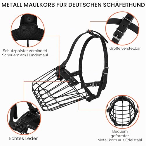 BUDKAS Deutscher Schäferhund Maulkorb Metall Korb für Mittlere Große Hunde Verstellbare Langlebige Lederriemen Sichere Drahtmaske zum Beißen Kauen Bellen (Schwarz, L - Größe)