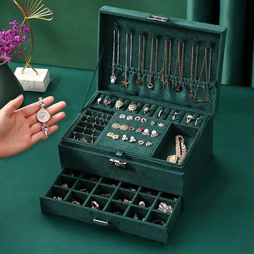 Image of Elegant 3-Layer Jewelry Box Organizer with Drawer & Lock, Soft Velvet Jewelry Storage Case for Rings, Earrings, Necklaces & Bracelets - Gift for Women (Green)