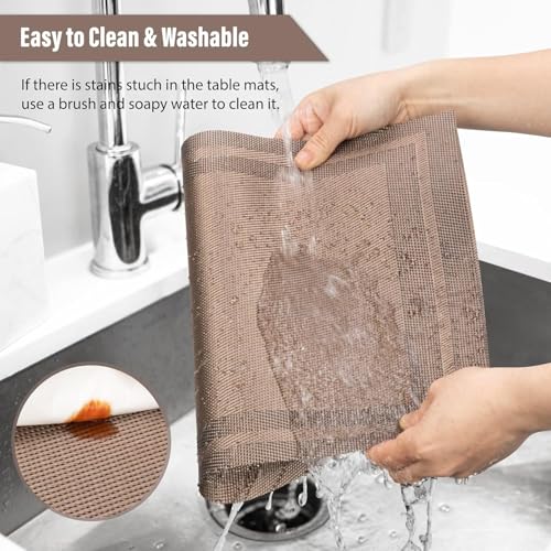 Image of Placemats Set of 6 Dining Table Place Mats | Placemats Table Mat PVC Material | Non-Slip Heat Resistant | Dining Tablemates Washable Anti-Skid | Size 45 x 30cm (Brown)
