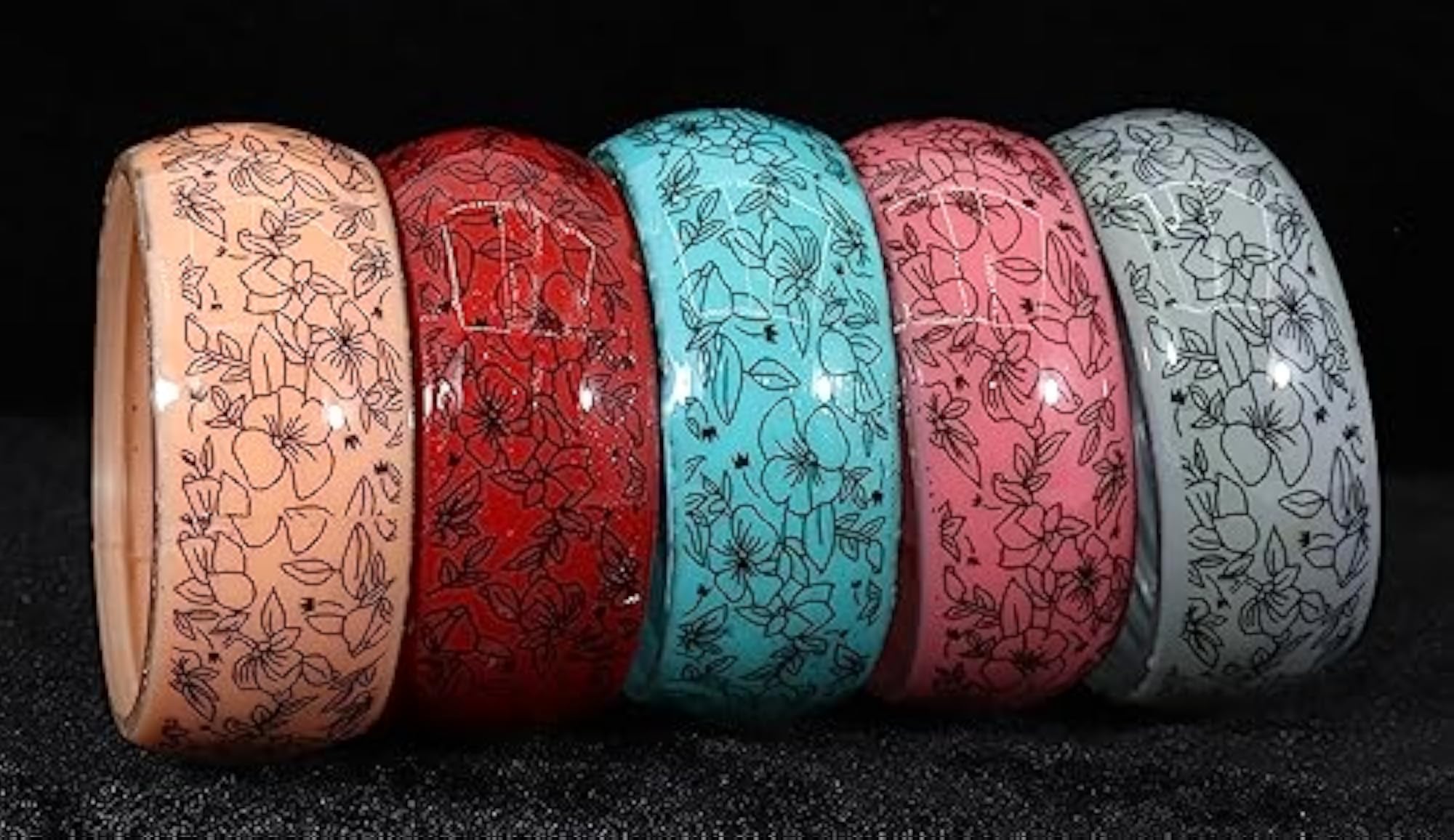Glass With Leaf & Flower Printed Kada Set For Women