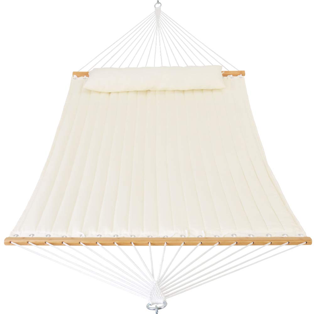 Patio Watcher 11 Feet Quilted Fabric Hammock with Pillow Double 2 Person Hammock with Bamboo Spreader Bars, Perfect for Outdoor Patio Yard Beach White