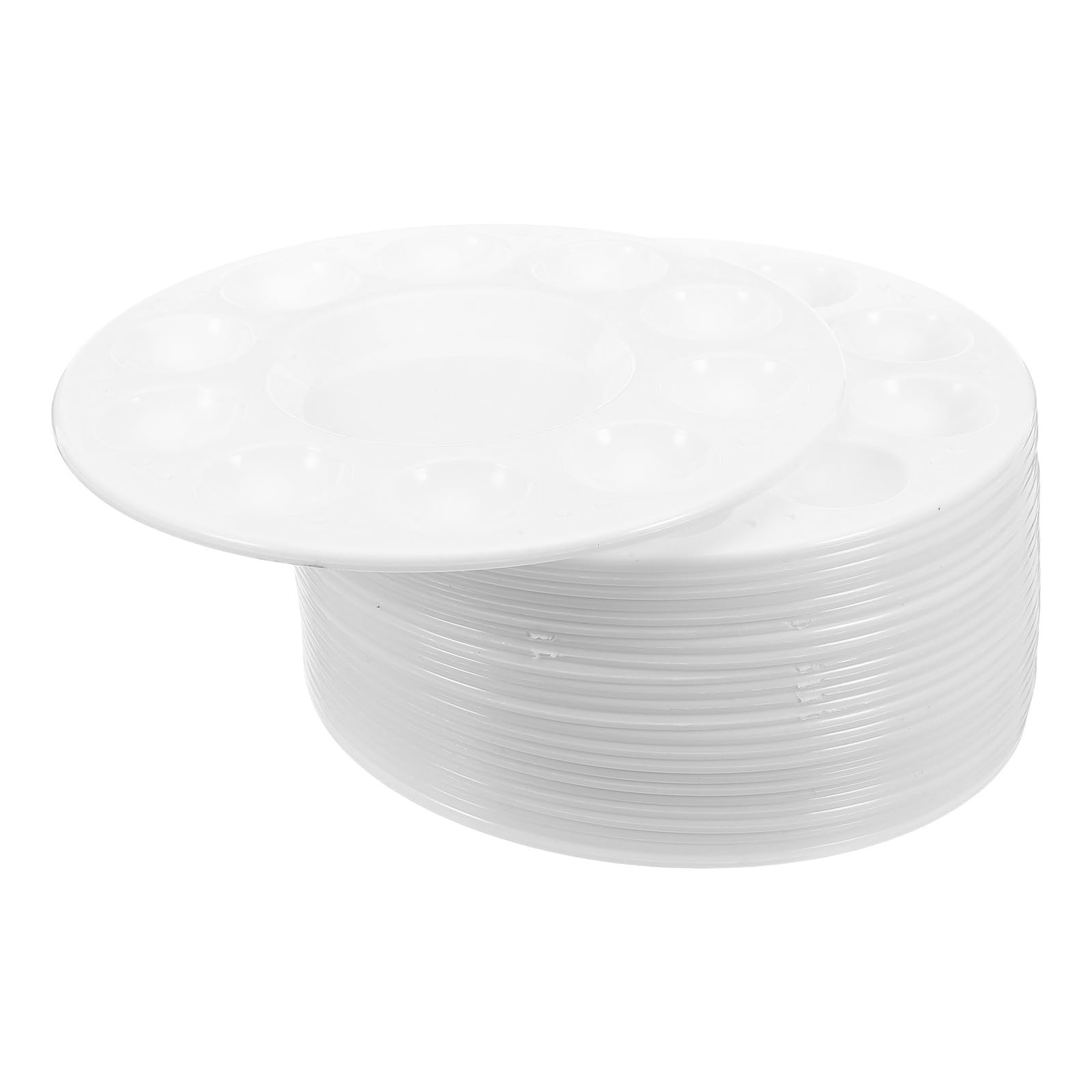 COLLBATH Paleta de Pintura Adecuado para Sesiones de Pintura al Aire Libre y Clases 50 Piezas de Plástico Blanco 10 Compartimentos en Forma de Flor, Bandeja Redonda para Acuarela y Óleo