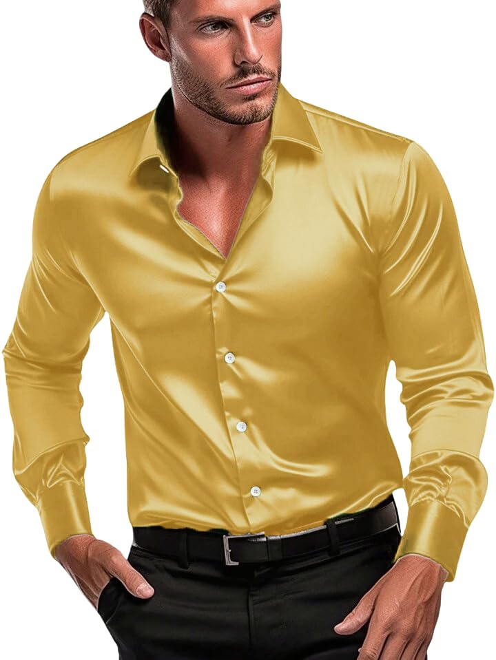 Image of IndoPrimo Men's Satin Shirt with Spread Collar Neck Line Solid Pattern Full Sleeves Regular Fit Western Style and Standard Length