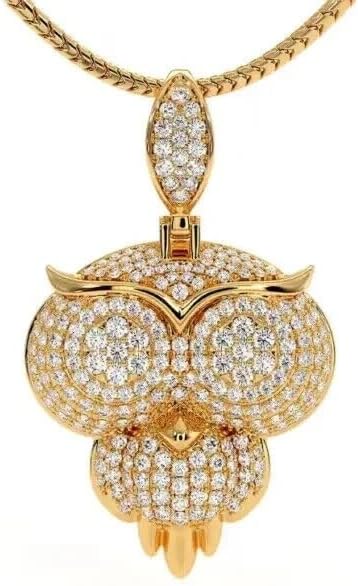 2.00Ct Round Cut Simulated Diamond Owl Bird Charm 1.5 inch Pendant 14k Yellow Gold Plated