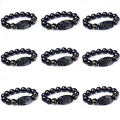 Bracelet amulette porte-bonheur obsidienne noire zodiaque chinois et bouddha