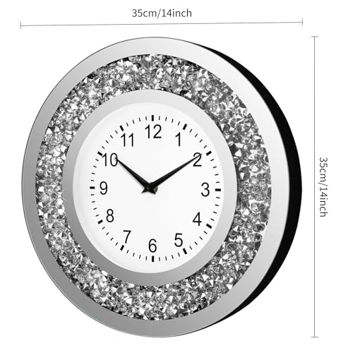 14 Inch Crystal Crushed Diamond Mirrored Wall Clock - Sparkle Twinkle Bling Wall Clock Silver Round Clock for Living Room, Bedroom, Home Decor, Silent Non-Ticking Quartz Movement - Image 3