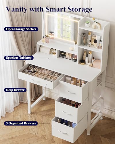 Image of Kitsure Vanity Desk with Mirror and Lights, Large Capacity, Fabric Drawers | Bedroom, Teens & Women, 3 Light Modes, 4 Fabric Drawers, 35 inchD x 17 inchW x 52 inchH, White