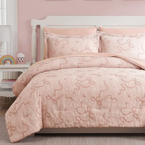 Image of Twin Girls Bedding Set - 5 Pieces Bow Comforter Set Jacquard Bed in a Bag