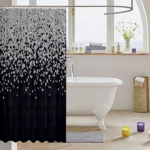 Loussiesd Silver Glitter Shower Curtain (No Glitter) Bling Partyations Black Bathroom Fabric Shower Curtain Set for Kids Teens Diamond Floral Bath Curtain Waterproof Curtains 72x72 Inch - Image 3