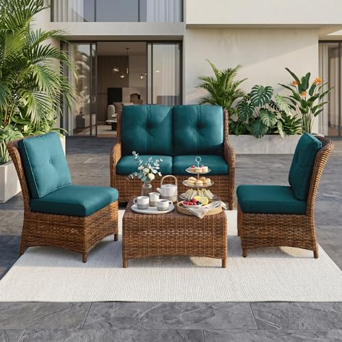 Image of Luxury 4 inch Thick Outdoor Cushion Set of 7 - 22x24 Patio Furniture Cushions with 28D High-Density Foam, Water-Resistant & Fade-Resistant Fabric, Removable Covers for Patio Furniture Sofa -Peacock Blue