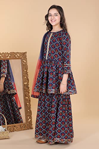 Image of Adiva Girls Floral Print Anarkali Kurta Sharara with Dupatta Set