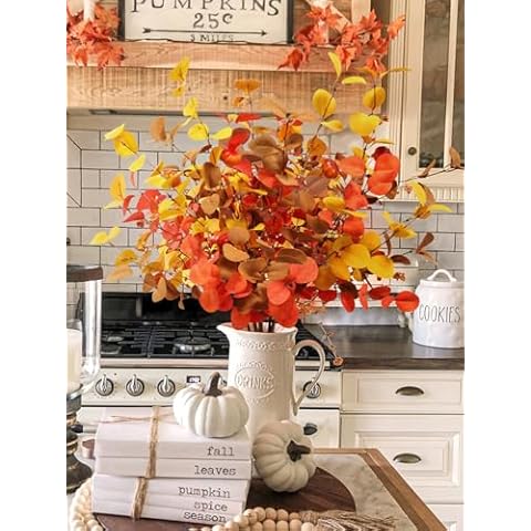 Beferr Fall Eucalyptus Stems Christmas Decor - 5Pcs 32" Tall Faux Eucalyptus Leaves Pumpkins Branches Autumn Thanksgiving Farmhouse Harvest Fireplace Table Centerpiece Home Decorations Cover