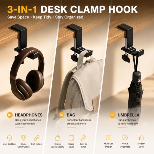 Image of Headphone Stand, Foldable Headset Hanger - Removable Headphone Holder Hook Mount, Adjustable PC Gaming Headset Stand Holder Clip Under Desk Clamp for Airpods Max, HyperX, Sennheiser