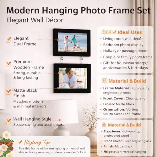 Image of Art Street Store Tremendous Twin Pearl Drop Hanging Photo Frame Set of 2 Photo Frames for Home & Office Decoration - Black (5x7 Inch)