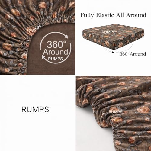 Image of RUMPS 380 TC Premium Heavy Cotton 7D Print Fast Colour Feel Elastic Fitted Floral Bedsheet King Size with 2 Pillow Covers || (Brown,Red, Fitted - Double-72 x72)