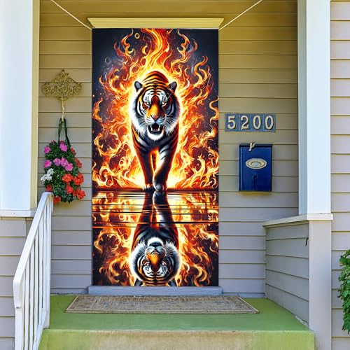 Image of Fire Tiger Door Cover Tapestry 35x70in Wall Hanging Poster Banner