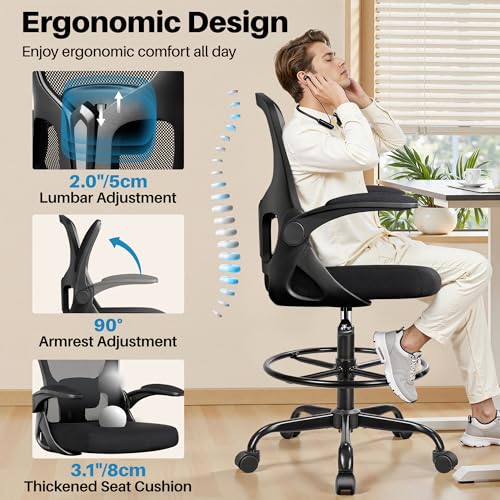Image of Drafting Chair Tall Office Chair for Standing Desk - Ergonomic Computer Work Stool with Flip-up Arms, Foot Ring & Adjustable Lumbar Support. Ideal for Studio, Artist, Engineer, & Study (Black)