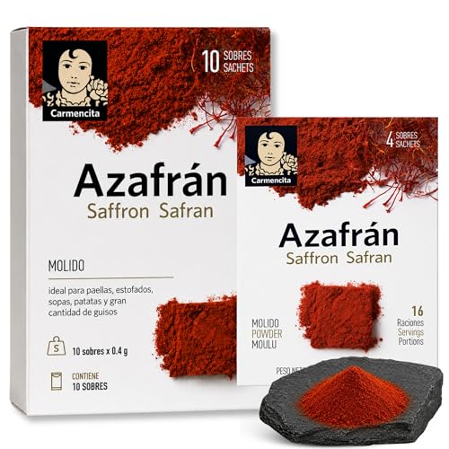 Azafrán Molido, saffron safran, Azafrán Español de Calidad, ideal para paellas, estofados, sopas, patatas y gran cantidad de guisos, Peso Neto 0.4 g, Apto para 16 raciones, Contiene 10 sobres