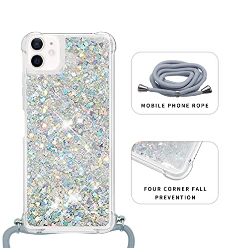 Houson For Iphone 12/12 Pro Case, Moving Liquid Holographic Sparkle Glitter Case With Crossbody Lanyard Strap, Girls Women Bling Diamond Ring Slim Protective Case For Apple Iphone 12/12 Pro Silver #TOP1