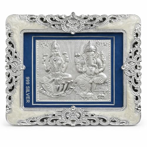 Image of KYAT Pure 999 Fine Silver Kamdhenu Cow with Calf Idol Elephant Pair (Lakshmi Ganesh - 8 x 10'')