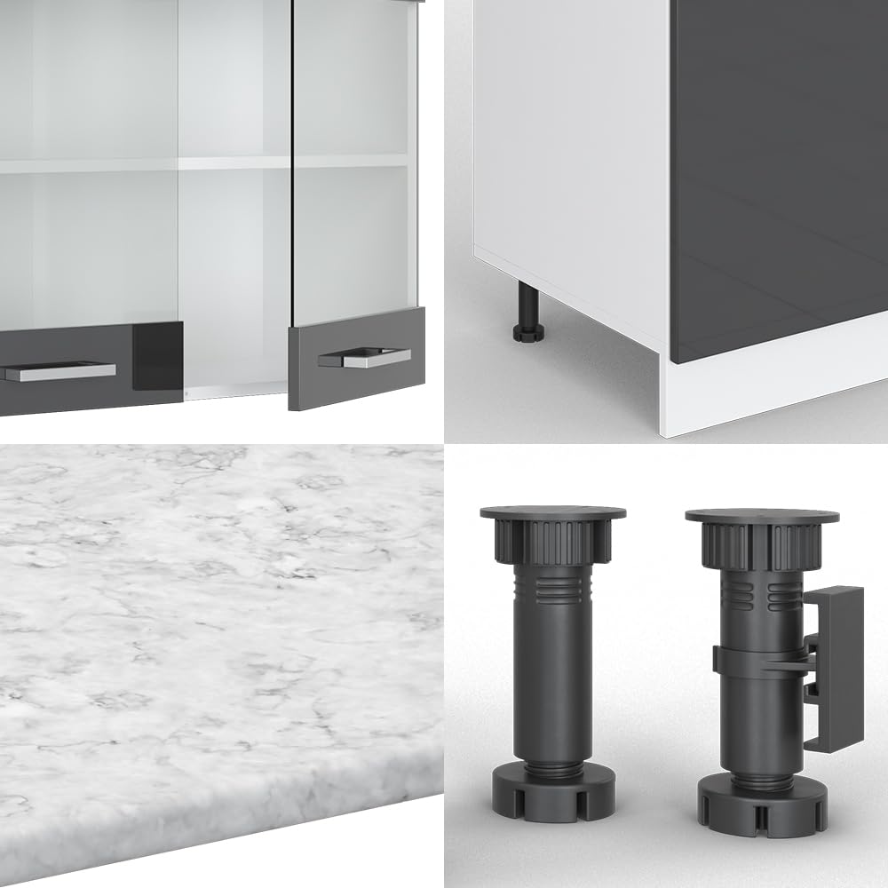 Vicco Küchenzeile R-Line, Anthrazit Hochglanz, 300 cm mit Hochschrank, ohne Arbeitsplatte, mit variabel anordenbaren Modulen und höhenverstellbaren Füßen