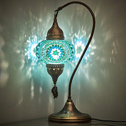 Turkish Moroccan Tiffany Style Handmade Colorful Mosaic Table Desk Bedside Night Swan Neck Lamp Light Lampshade with Hammered Metal Body and Hanging Metal Leaf, Turquoise, 19"