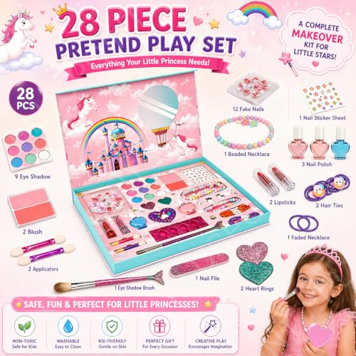 Image of PLUSPOINT Kids Makeup & Accessory Kit for Girl, Washable Makeup Set for Girls, Makeup Set for Kids, Girl Toys Children Play Makeup Kit with Folding Case Birthday Gifts for Girls Age 4 5 6 7 8 Year Old