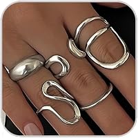 ANGLEQUEEN Chunky Silver Rings for Women - Adjustable Open Stacking Knuckle Rings Set, Minimalist Irregular Dome Statement Jewelry