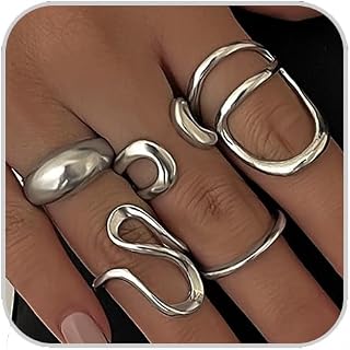 ANGLEQUEEN Chunky Silver Rings for Women - Adjustable Open Stacking Knuckle Rings Set, Minimalist Irregular Dome Statement Jewelry