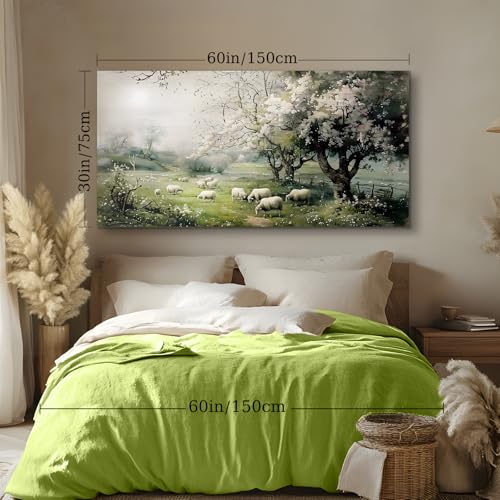 crmotu Landscape Wall Art, Oversized Wall Art, Rustic Wall Decor, Sheep Pasture Canvas Art Prints, Green Natural Scenic Paintings Wall Decor Living Room Bedroom Dining Room Office Farmhouse 30"X60"
