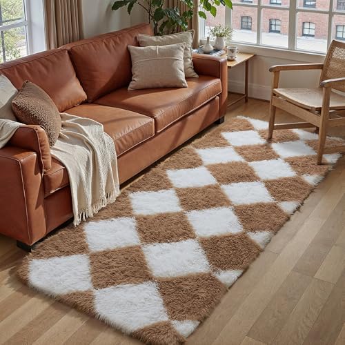 WondRg 4x6 Black and White Checkered Rug for Living Room Soft Fluffy Shag Area Rug Bedroom Modern Plush High Pile Non Slip Fuzzy Carpet for Home Decor Laundry Room 4'x6' A-black