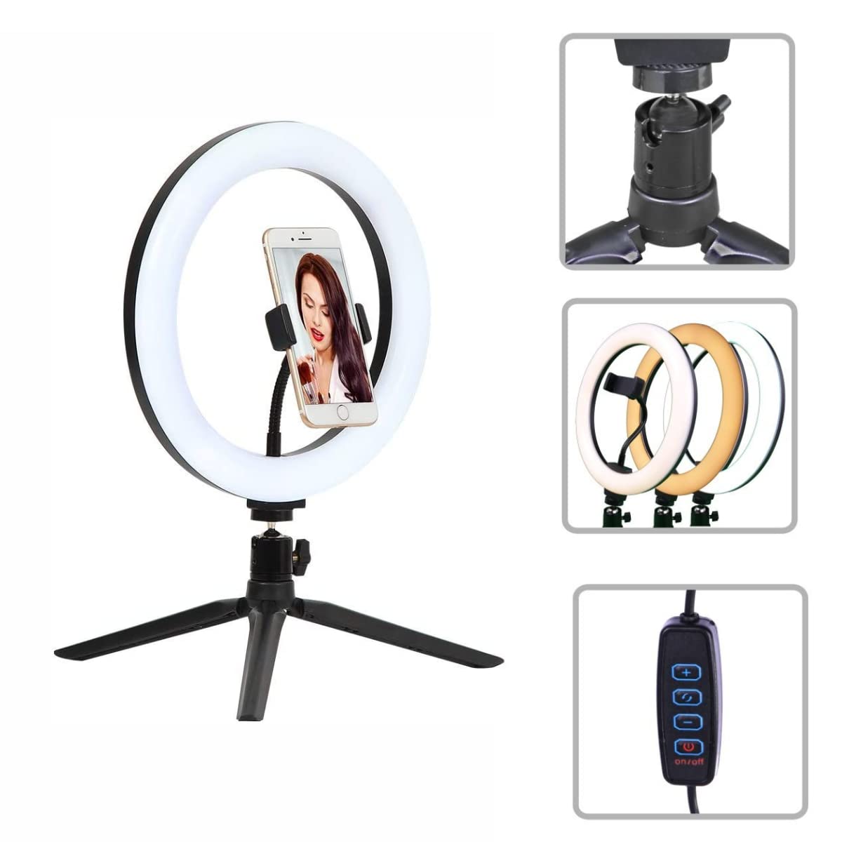 Jandei - Anillo Aro Selfie de Luz LED Tripode 10”/ 260mm con Soporte para el Móvil, Regulable 3 Modos de Iluminación con 10 Brillos para Videos, Fotografía, Youtube, TikTok, Instagram